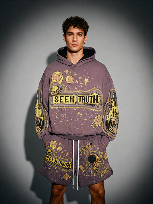 Astronaut Planet Rocket Ufo Faux Decal Print Slant Pockets Hoodie