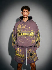 Astronaut Planet Rocket Ufo Faux Decal Print Slant Pockets Hoodie