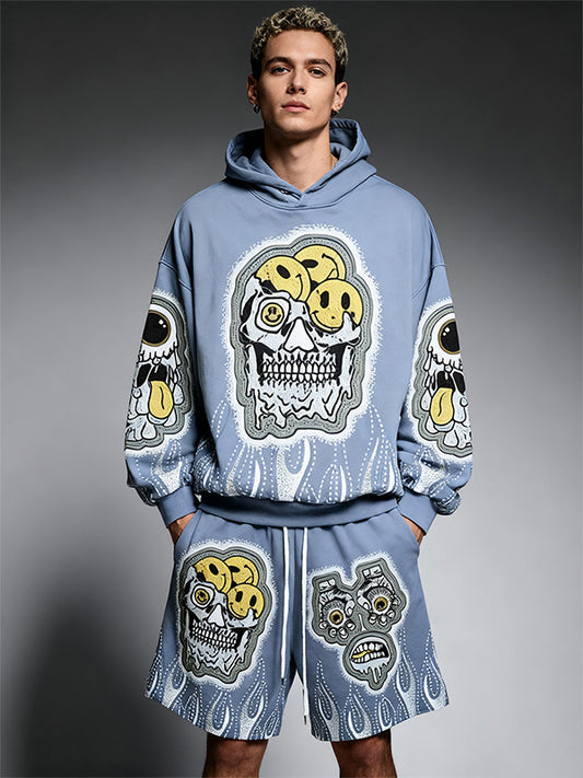 Eyeball Skull Smiley Face Faux Decal Print Slant Pockets Hoodie