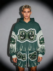 Colorblock Skull Zombies Graphic Faux Decal Print Slant Pockets Hoodie