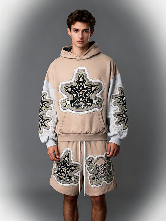 Colorblock Skull Star Faux Decal Print Slant Pockets Hoodie