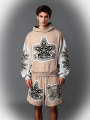 Colorblock Skull Star Faux Decal Print Slant Pockets Hoodie