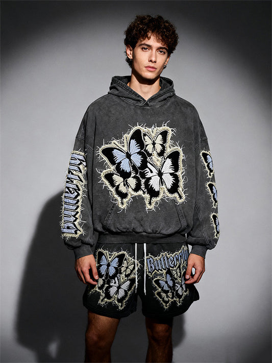 Butterfly Letter Faux Decal Print Slant Pockets Hoodie