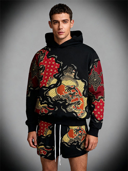 Dragon Graphic Faux Decal Print Slant Pockets Hoodie