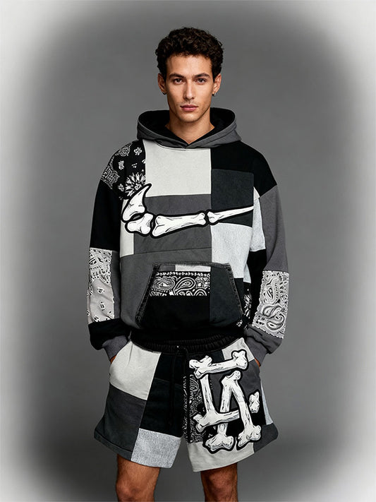 Colorblock Skeleton Paisley Letter Faux Decal Print Slant Pockets Hoodie