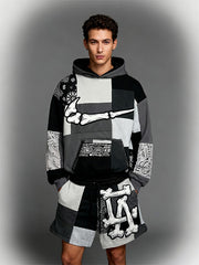 Colorblock Skeleton Paisley Letter Faux Decal Print Slant Pockets Hoodie