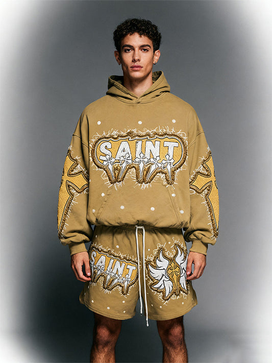 Cross Wing Letter Faux Decal Print Slant Pockets Hoodie