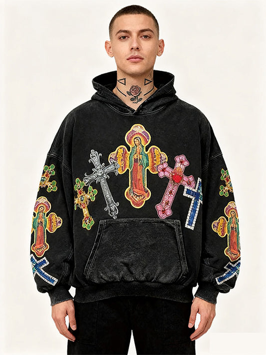 Mary Pray Cross Print Slant Pockets Hoodie