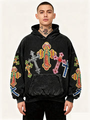 Mary Pray Cross Print Slant Pockets Hoodie