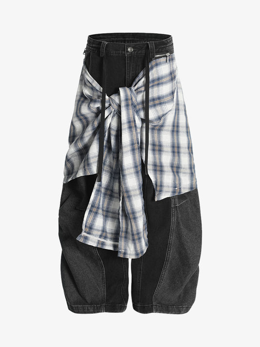 Denim Faux Two-piece Plaid Detachable Scimitar Jeans - 2435