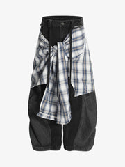 Denim Faux Two-piece Plaid Detachable Scimitar Jeans - 2435