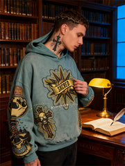 Cross Skull Gesture Letter Faux Decal Print Slant Pockets Hoodie