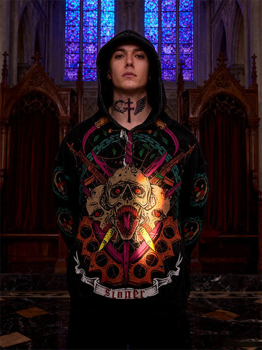 Skull Sword Print Slant Pockets Hoodie