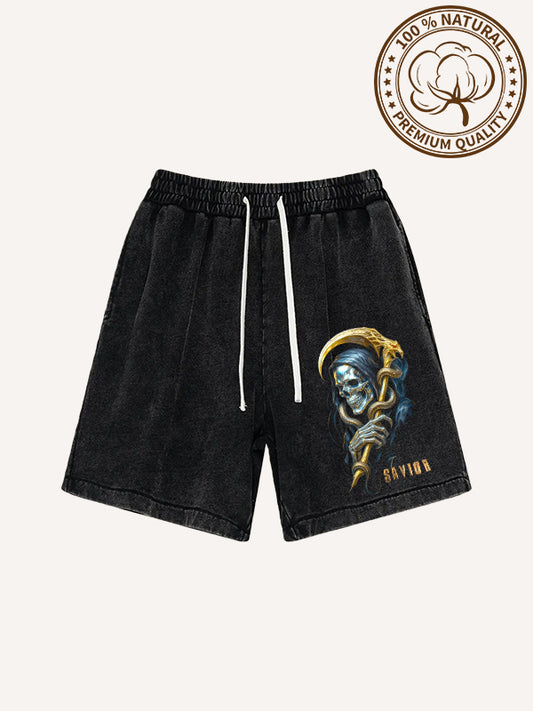 The Grim Reaper's scythe is a pure gold pure cotton printed shorts