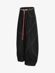 Denim Retro Belt Detail With Patchwork Barrel Jeans - 2490