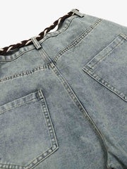 Denim Retro Belt Detail With Patchwork Barrel Jeans - 2490