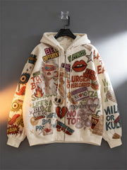 Hoodie with towel-textured appliqués and felt embroidery