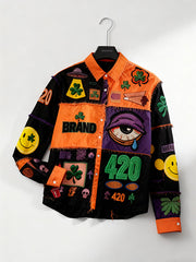 Stylish Christmas season-appropriate long-sleeved shirt with a patchwork print of various patterns