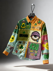 Stylish Christmas season-appropriate long-sleeved shirt with a patchwork print of various patterns