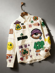 Stylish Christmas season-appropriate long-sleeved shirt with a patchwork print of various patterns