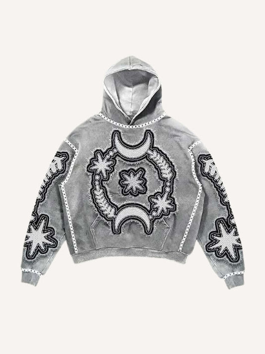 Moon&Star&Eye Faux Decal Print Slant Pockets Hoodie