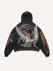 Figure&Wing&Letter Print Slant Pockets Hoodie