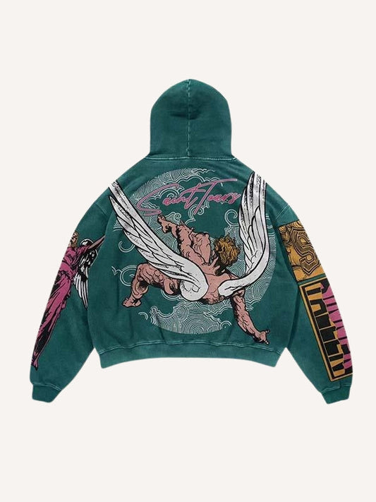 Kapuzenpullover mit schrägen Taschen und Figuren-, Flügel- und Buchstaben-Print