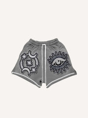 Moon&Star&Eye Faux Decal Print Drawstring Waist Shorts