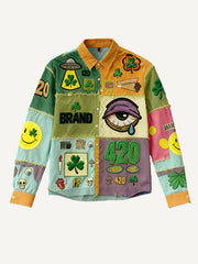 Stylish Christmas season-appropriate long-sleeved shirt with a patchwork print of various patterns