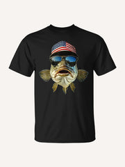 Bass Fishing Outfit Usa Flag America Cap And Sunglasses T-Shirt