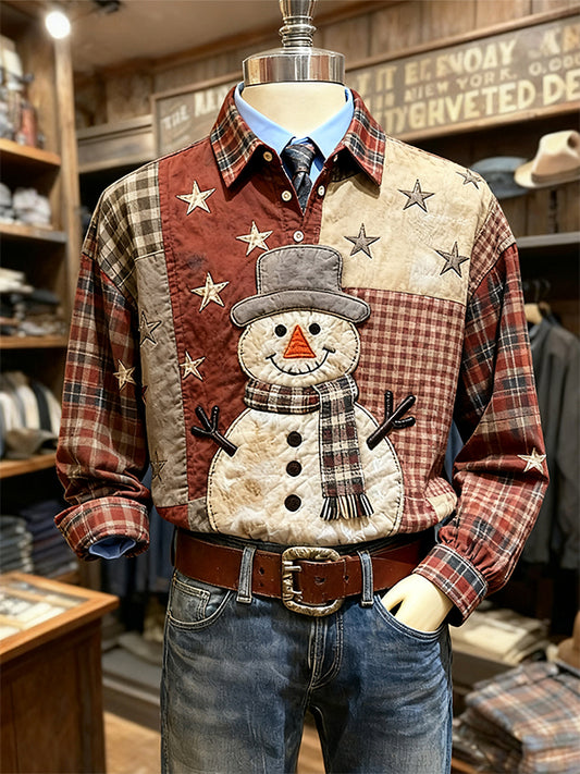 3D Snowman Print Patchwork Christmas Shirt