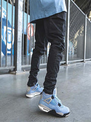 Solid Color Flap Pocket Side Zipper Detail Drawstring Waist Cargo Pants