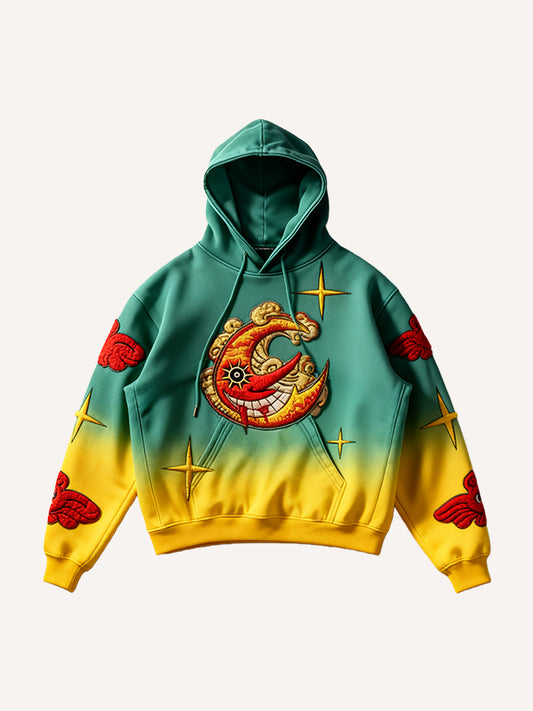 Classic sun and moon embroidered effect printed warm sweatshirt