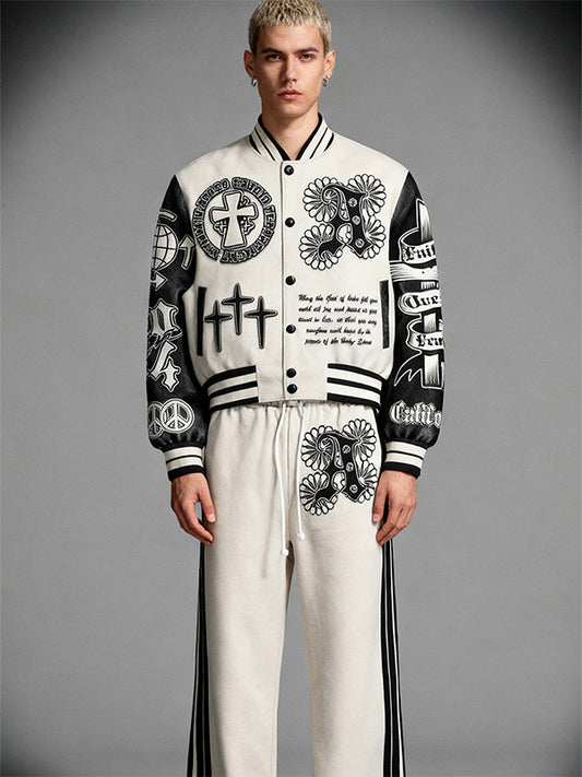 Lord Let Us Keep Peace patchwork print baseball jacket