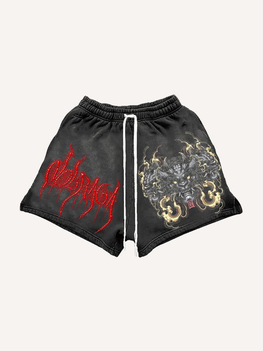 Japanese hand-painted mythical beast limited edition print shorts