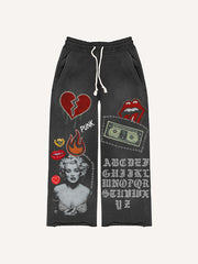 Sexy Monroe girl print distressed street style trousers