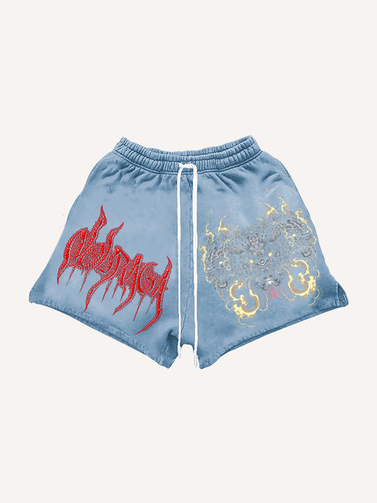 Japanese hand-painted mythical beast limited edition print shorts