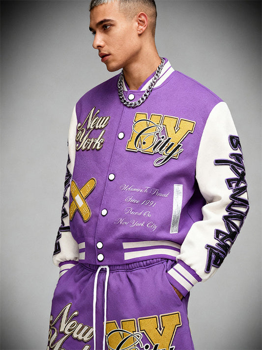 Y2K style stitching fashionable V-neck baseball jacket