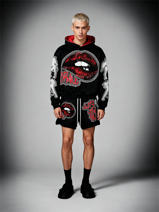 Red Lip Applique High-End Double Sleeve Printed Sweatshirt