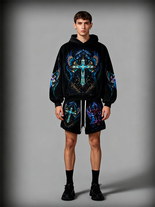 Figure Cross Wing Graphic Letter Print Slant Pockets Hoodie