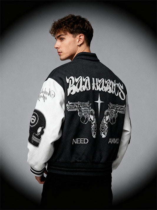 Double Gun Skull Metallic Baseball Jacket