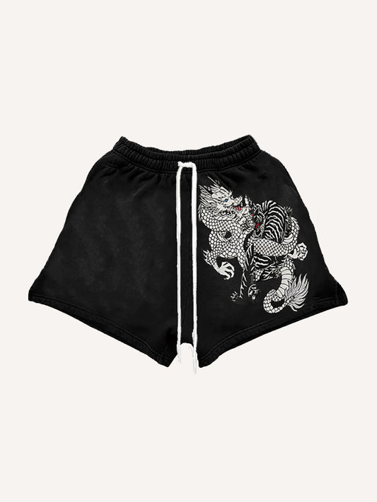 Embroidered white dragon ethnic style shorts