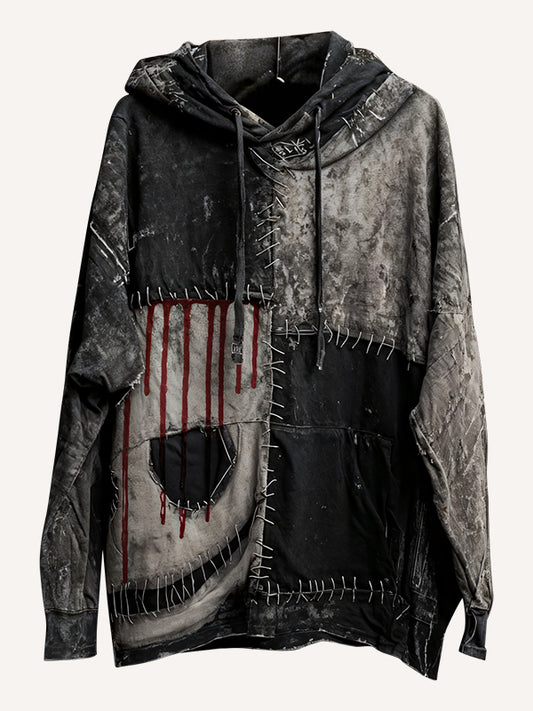 Halloween washed patchwork print hooded sweatshirt