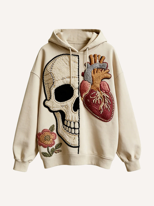 Oversized Skull & Heart Hoodie - Gothic Floral Graphic Pullover Sweatshirt