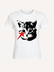 Unisex Black & White Cat with Red Star Graphic Tee