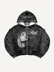 Zippered distressed Mary Bless Me trendy sweatshirt