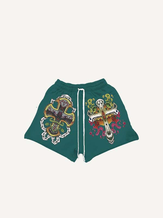 Cross&Wing&Graphic&Letter Print Drawstring Waist Shorts