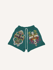 Cross&Wing&Graphic&Letter Print Drawstring Waist Shorts