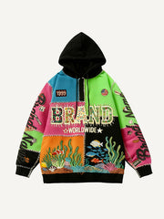Swim in the Underwater World Patchwork Effect Hooded Sweatshirt