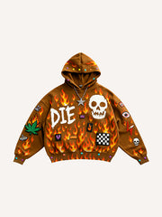 Passionate Classic Skull Print Maple Leaf Burning Y2K Hoodie